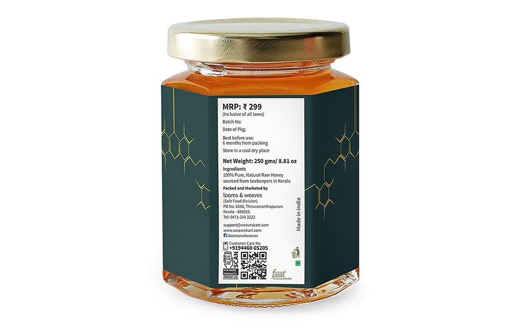 Looms & Weaves Natural Raw Honey (Unprocessed & Unpasteurised)   Glass Jar  250 grams
